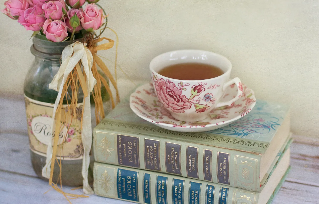 Photo wallpaper flowers, tea, books, roses, Cup, Bank, pink
