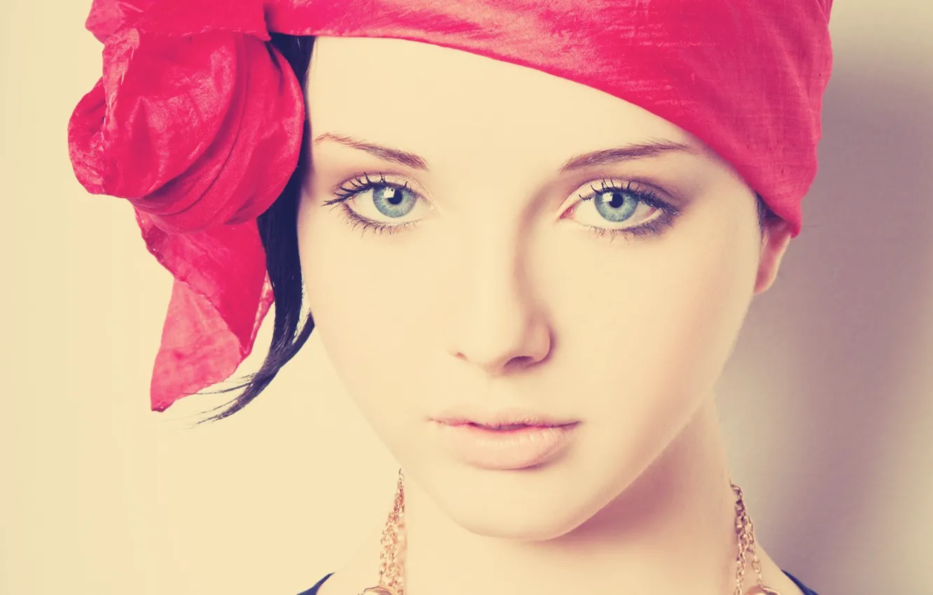 Photo wallpaper eyes, look, girl, red, face, sweetheart, headdress