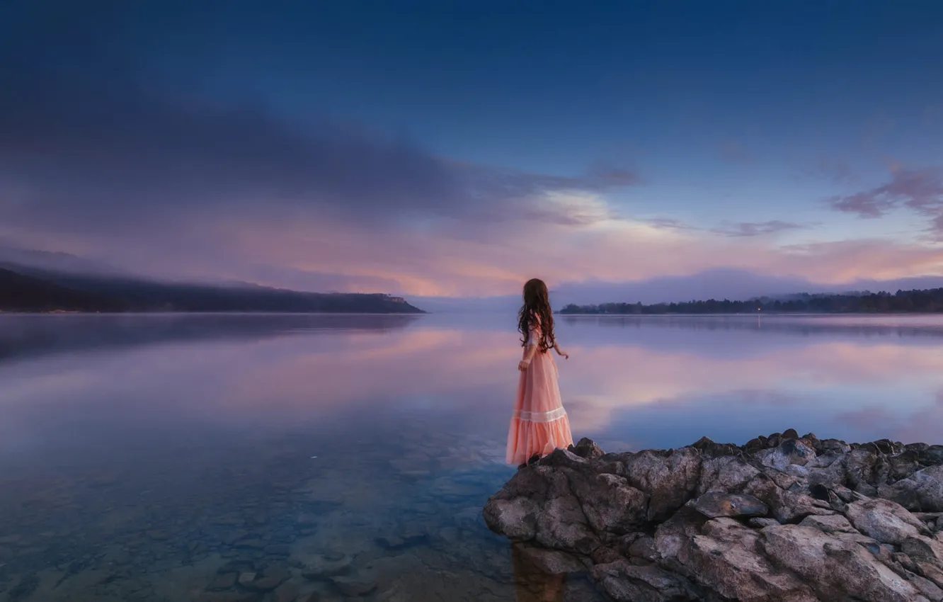 Photo wallpaper the sky, girl, landscape, nature, romance, dal, dress, long hair