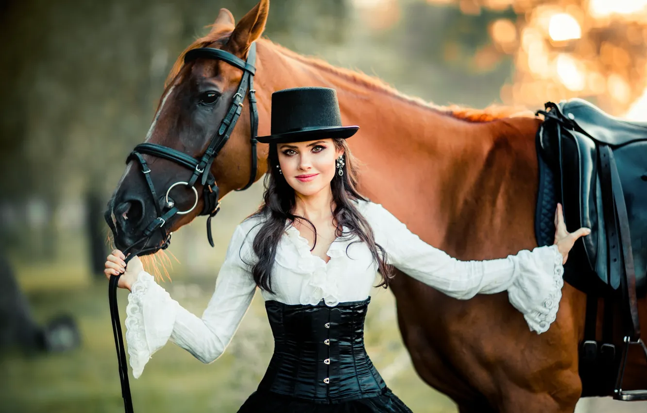 Photo wallpaper look, girl, nature, horse, horse, hat, brunette, Olga Boyko