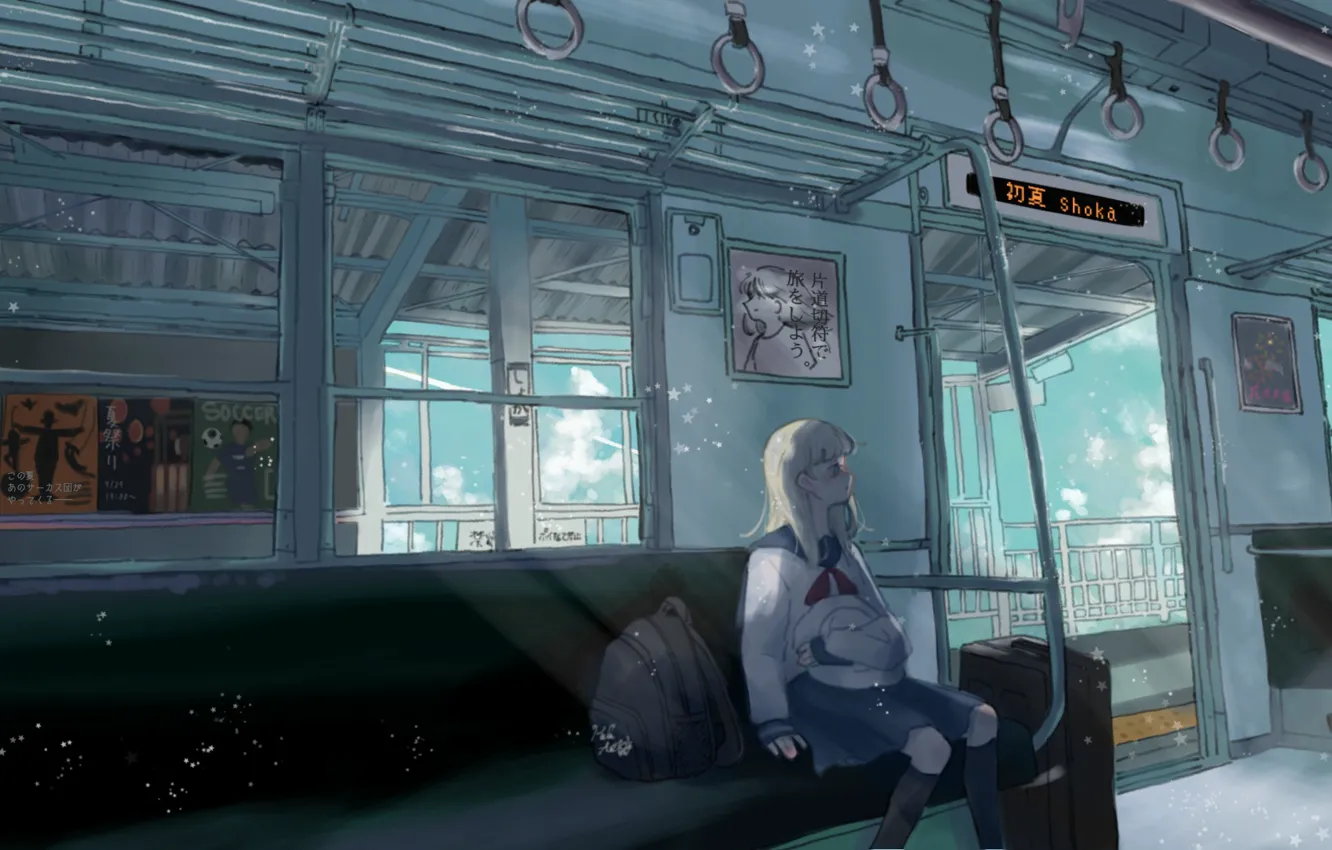 Photo wallpaper the sky, girl, train, schoolgirl