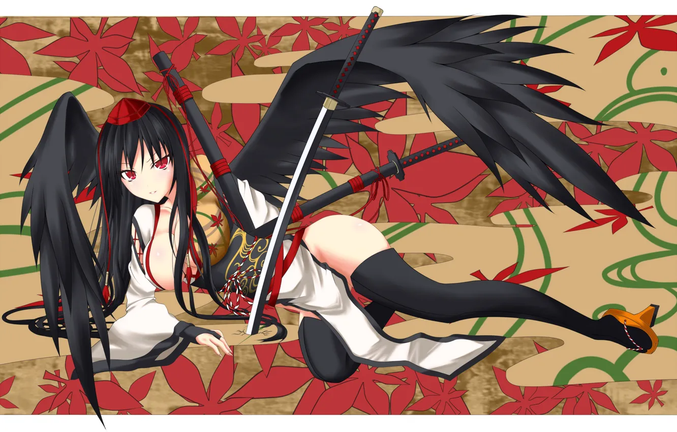 Photo wallpaper katana, little red riding hood, geisha, kimono, Aya Shameimaru, maple leaves, sheath, black stockings