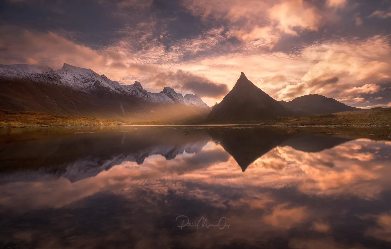 Photo wallpaper light, mountains, lake, reflection, haze, the fjord