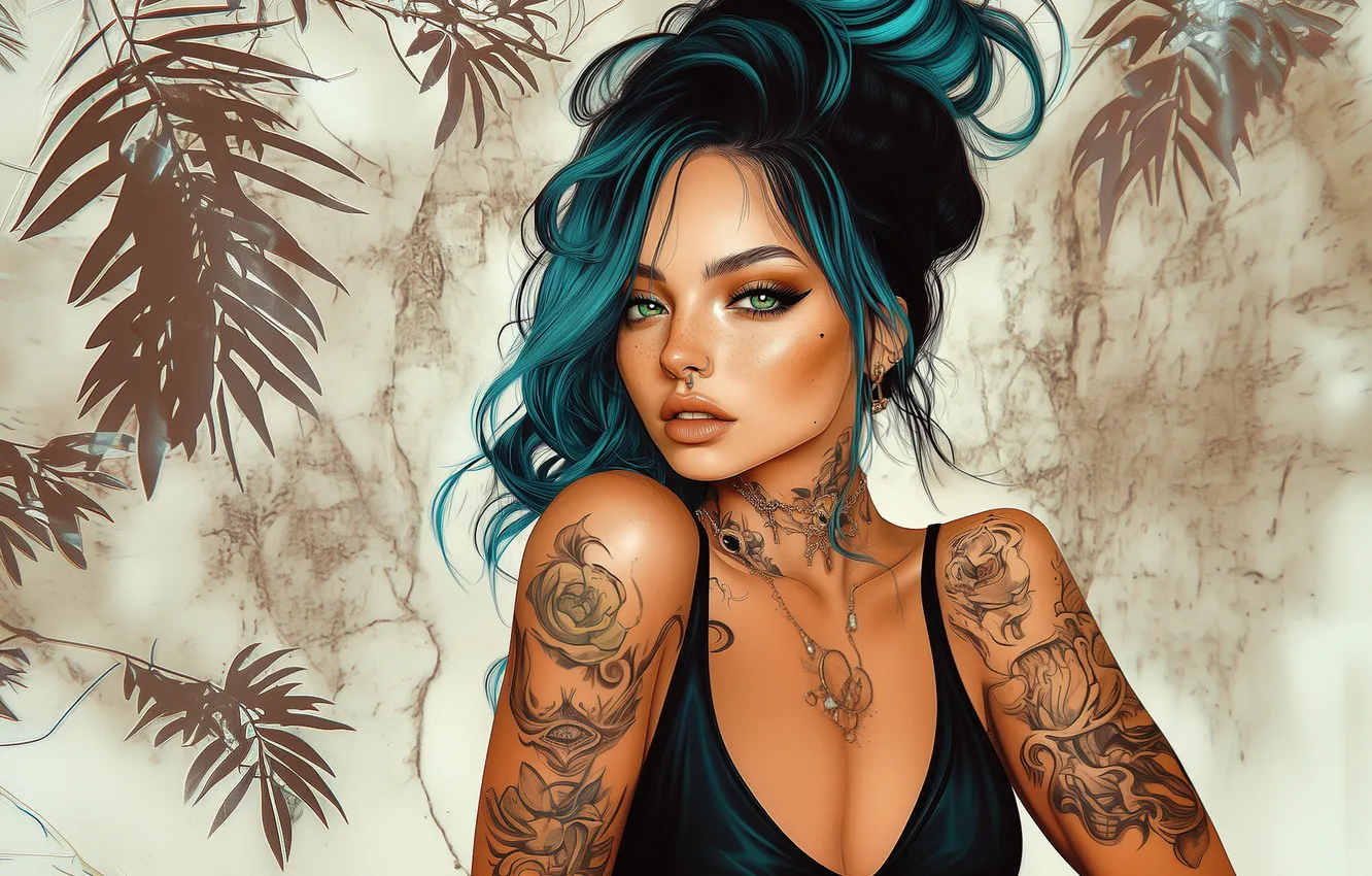 Photo wallpaper look, leaves, girl, portrait, makeup, piercing, tattoo, topic