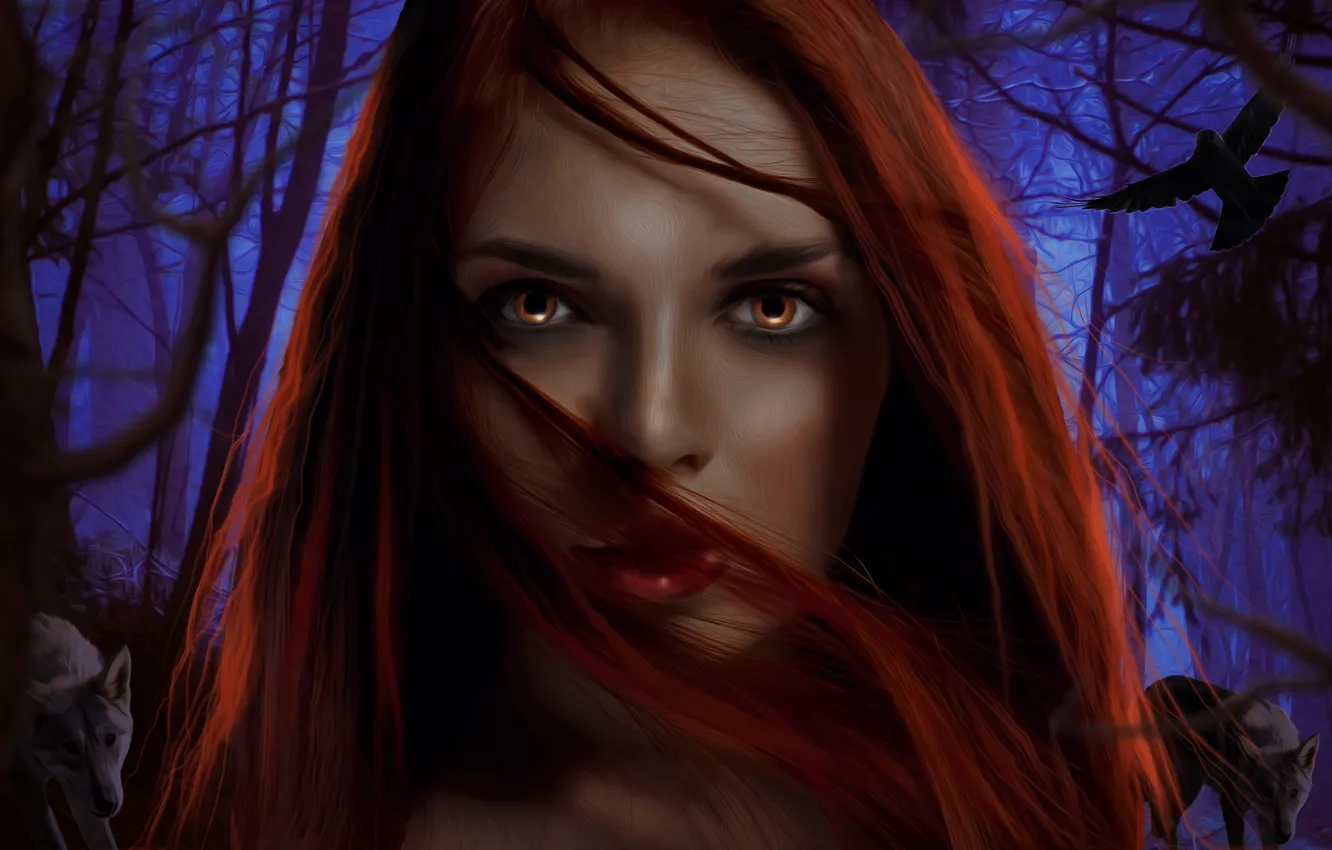 Photo wallpaper forest, look, girl, face, red