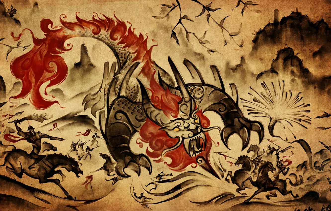Photo wallpaper mountains, China, battle, battle, monster, mythology, nannies, spewing fire