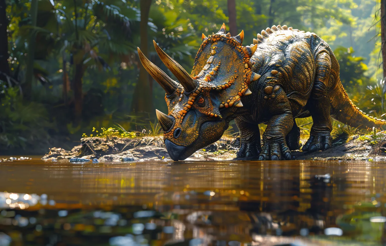 Photo wallpaper water, trees, animal, dinosaur, horns, drink, Triceratops, digital art