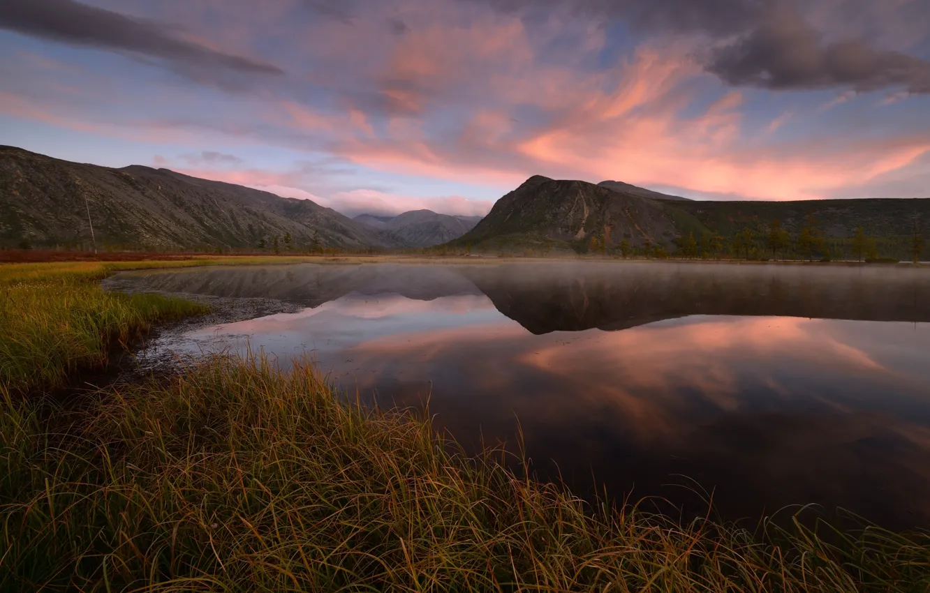 Photo wallpaper the sky, grass, clouds, mountains, fog, reflection, hills, shore