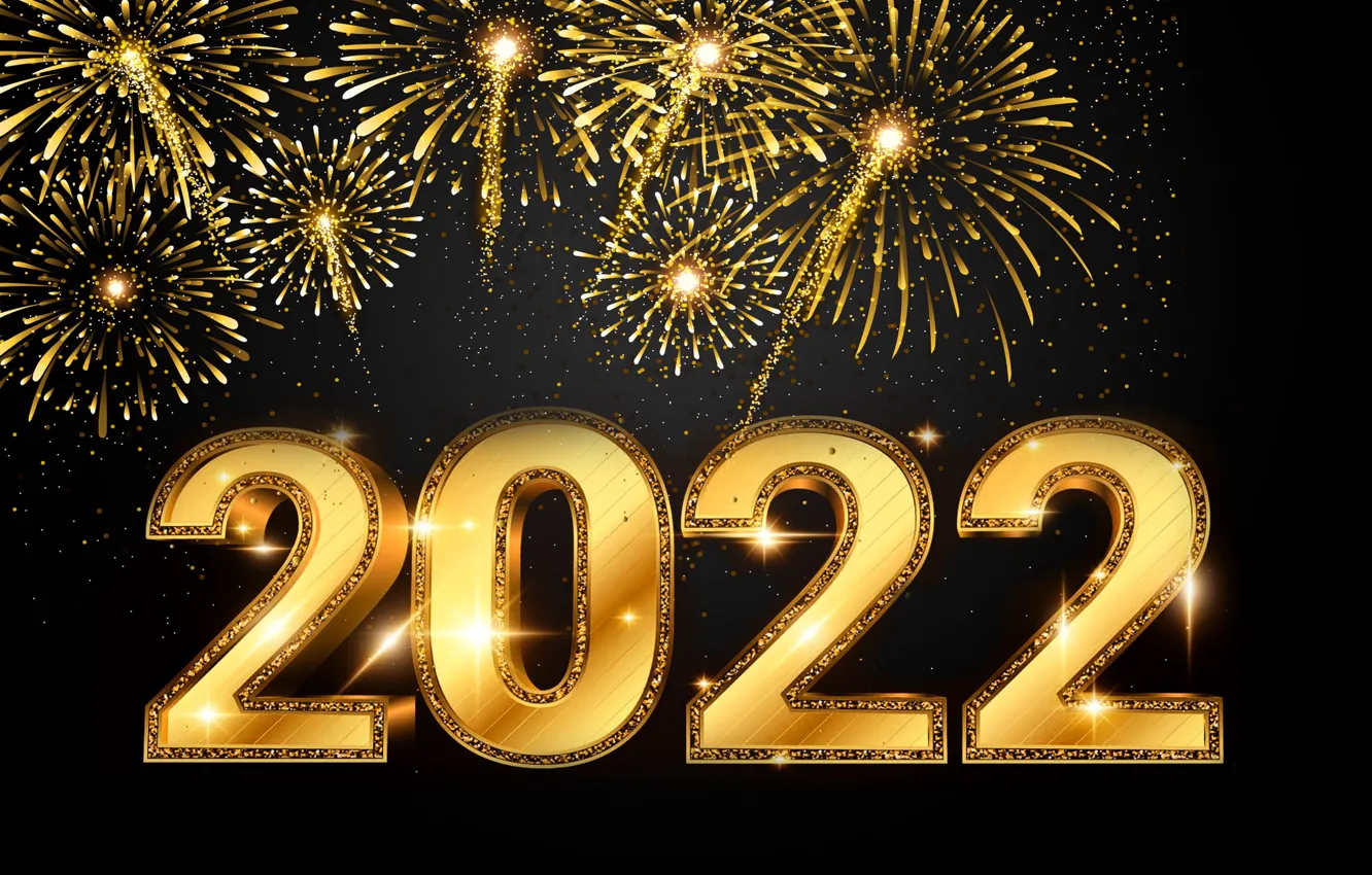 Photo wallpaper gold, new year, salute, figures, golden, black background, New Year, fireworks