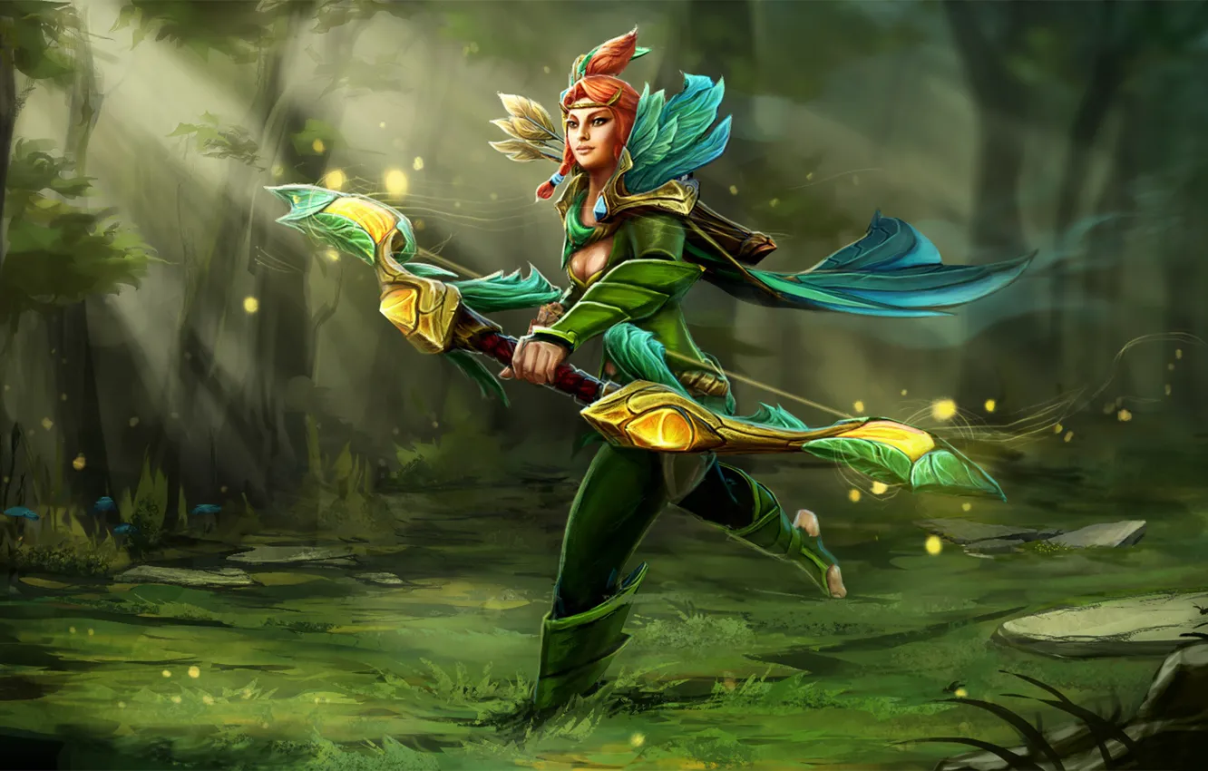 Photo wallpaper greens, grass, girl, weapons, Archer, red, dota, Defense of the Ancients