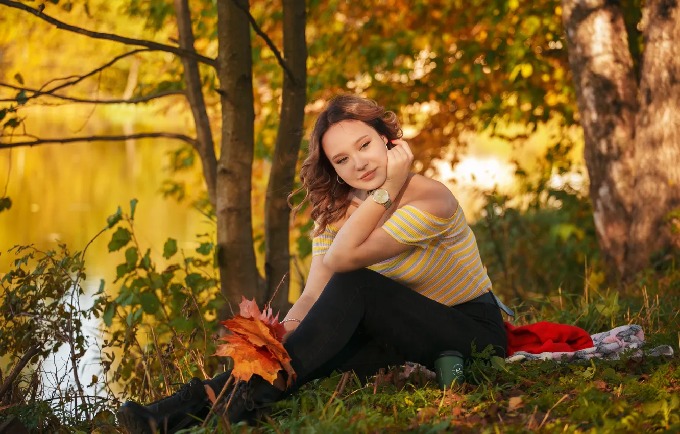 Photo wallpaper autumn, look, leaves, girl, trees, nature, watch, brown hair