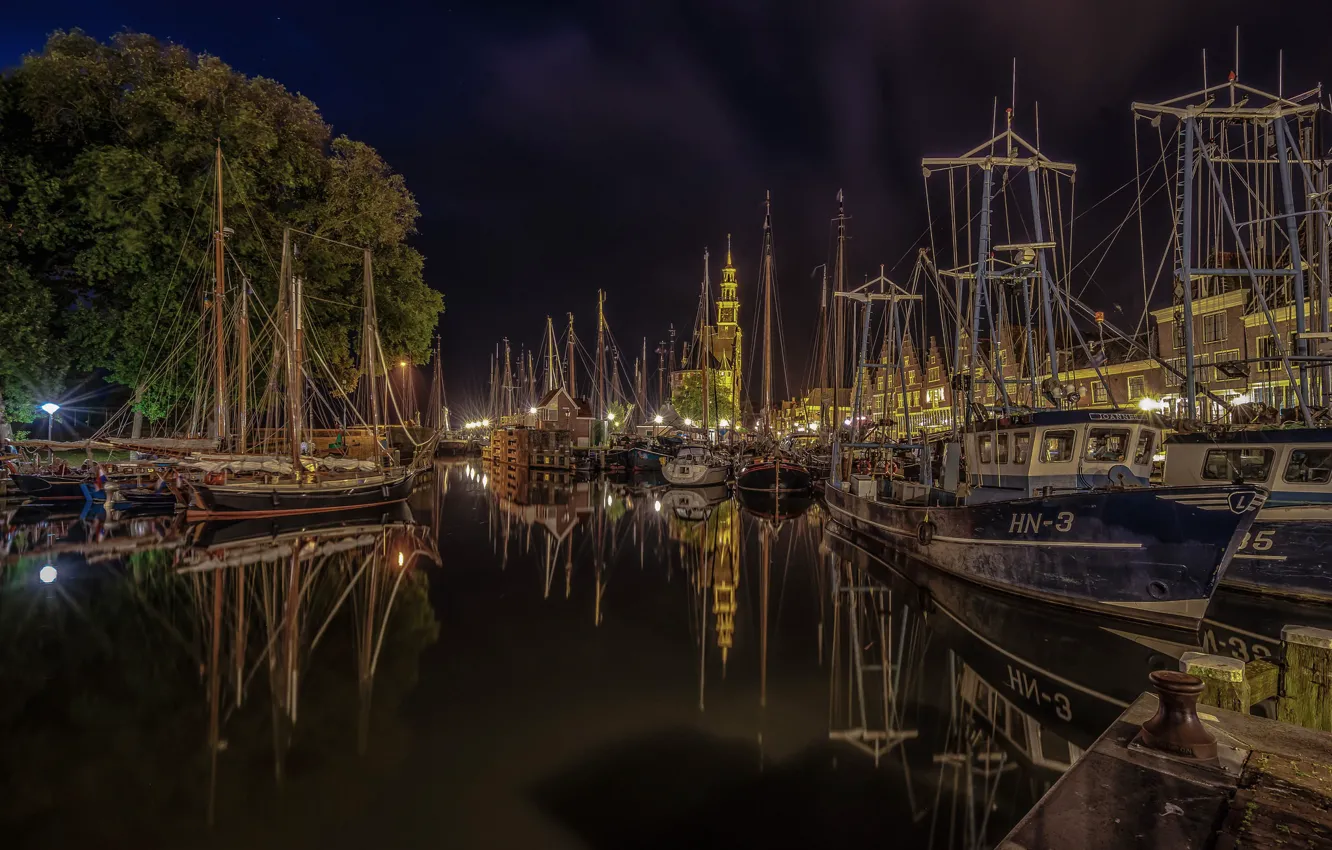 Photo wallpaper night, boat, Amsterdam, Netherlands, The Old Harbour
