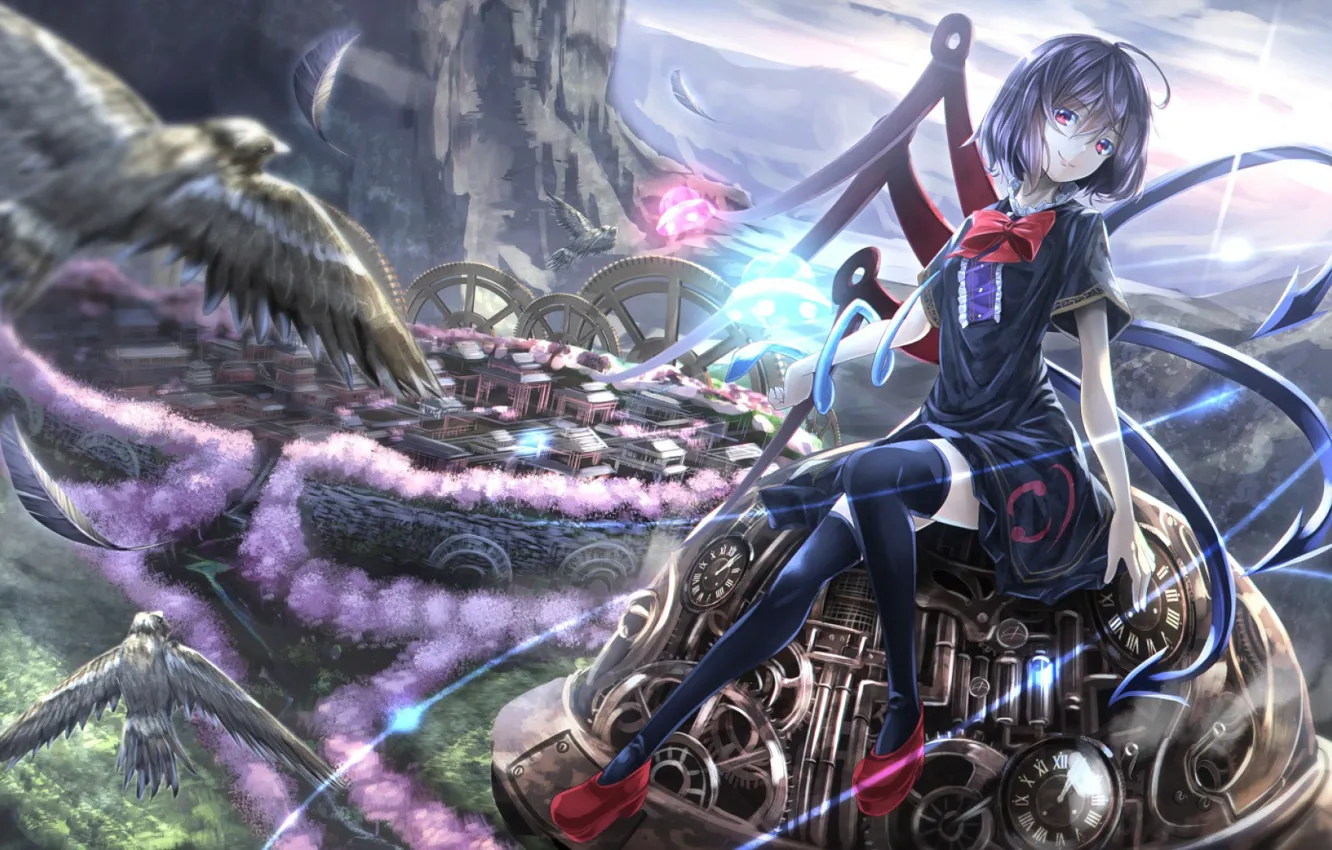 Photo wallpaper girl, birds, the city, anime, art, touhou project