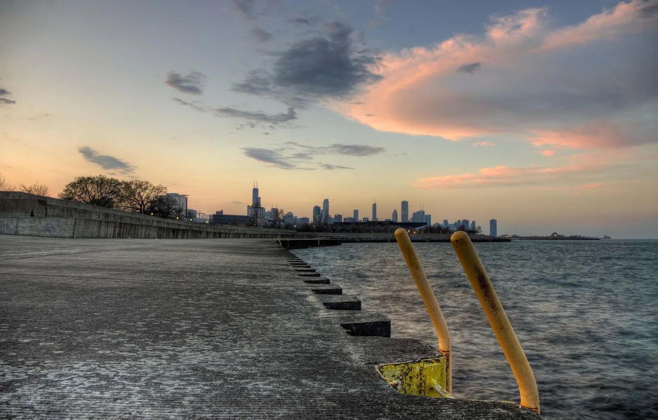 Photo wallpaper the city, river, shore, skyscrapers, Chicago, panorama, Illinois