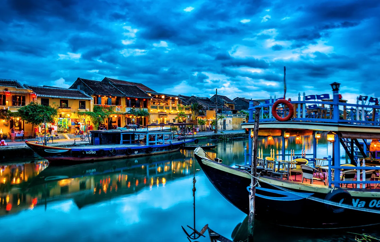 Photo wallpaper sunset, clouds, the city, home, boats, channel