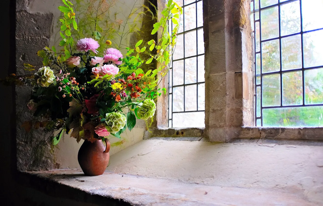 Photo wallpaper flowers, bouquet, window, pitcher