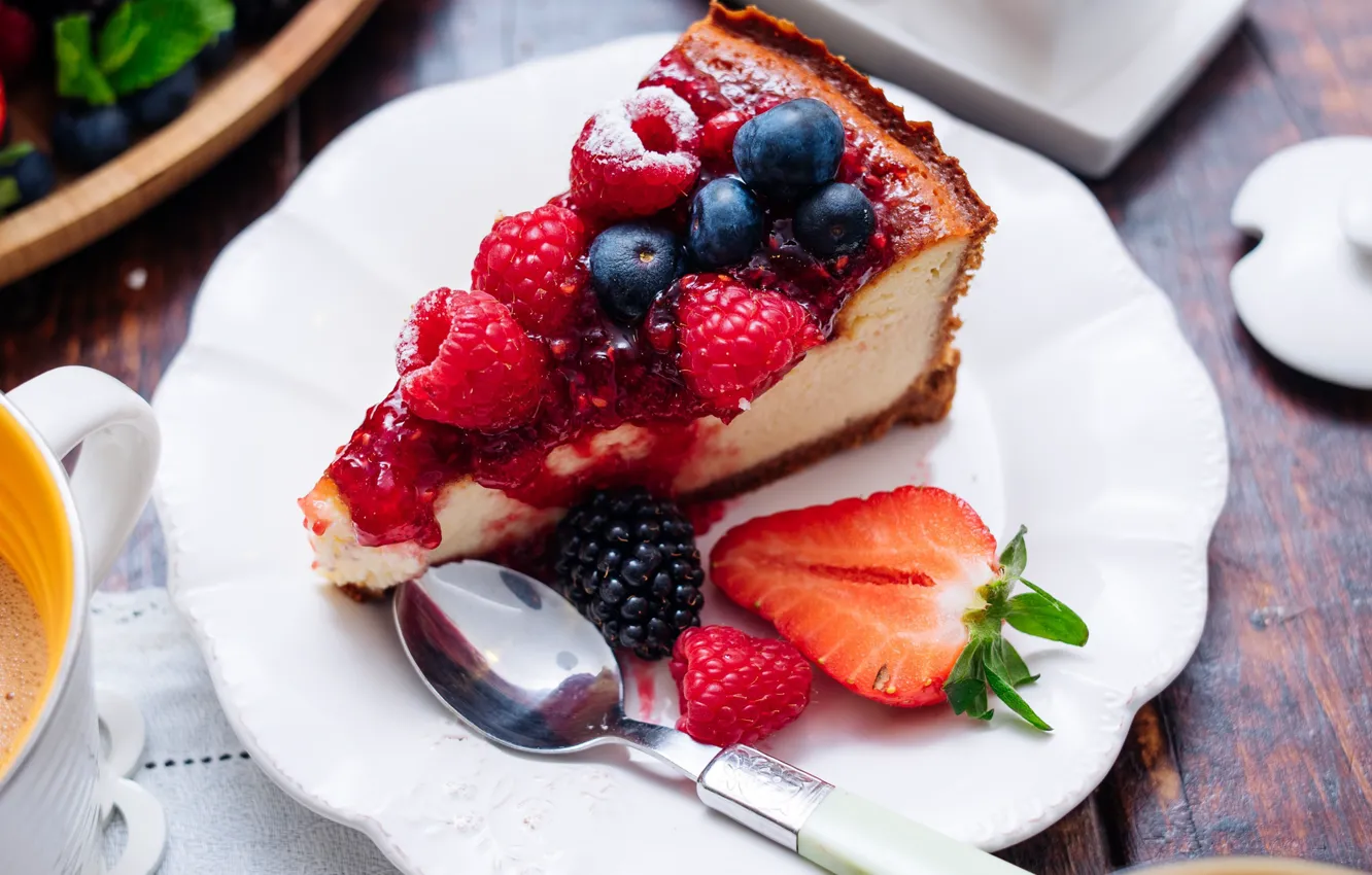 Photo wallpaper berries, piece, cheesecake