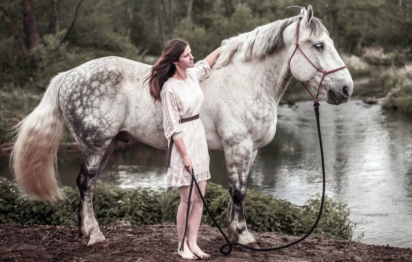 Photo wallpaper girl, river, horse