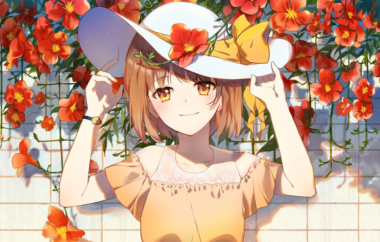 Photo wallpaper girl, flowers, hat