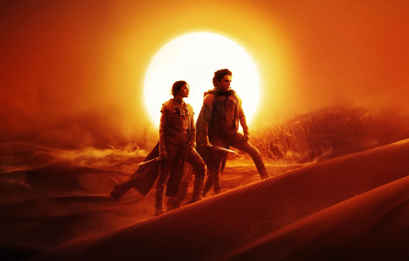 Photo wallpaper sand, the dunes, two, science fiction, Zendaya, Sendee, Timothee Chalamet, Timothy Salame