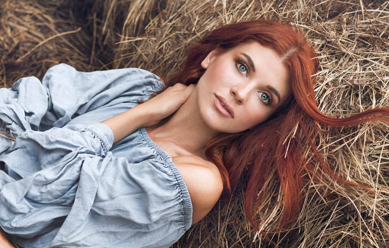 Photo wallpaper look, girl, face, pose, hair, hay, shoulders, Elina Garipova