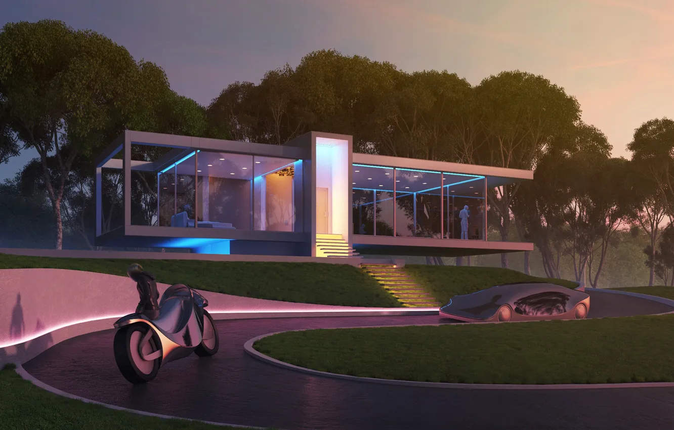 Photo wallpaper trees, design, people, motorcycle, car, structure, FUTUR 1 They came for him