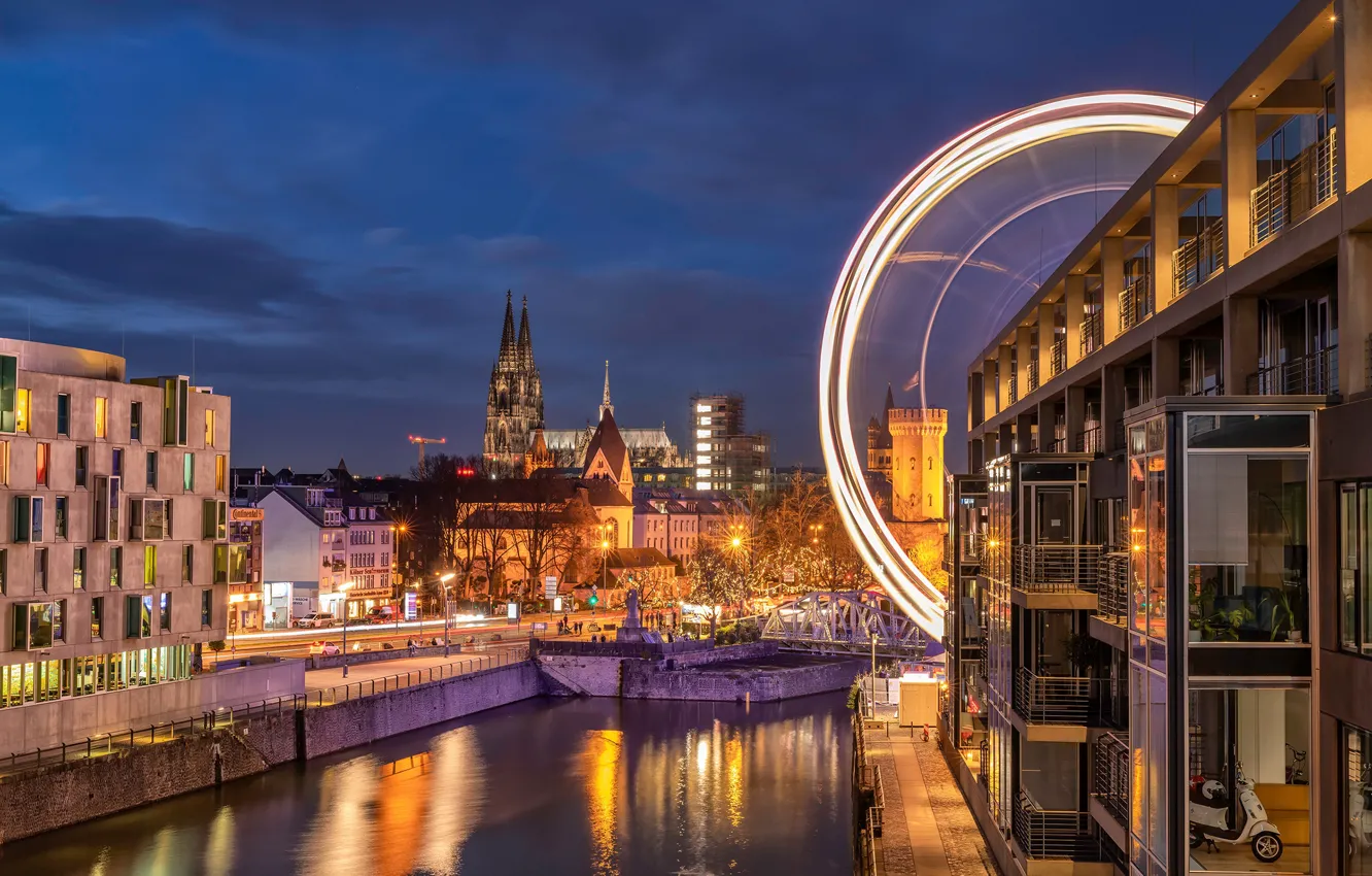 Photo wallpaper the sky, night, river, view, building, Germany, channel, Ferris wheel