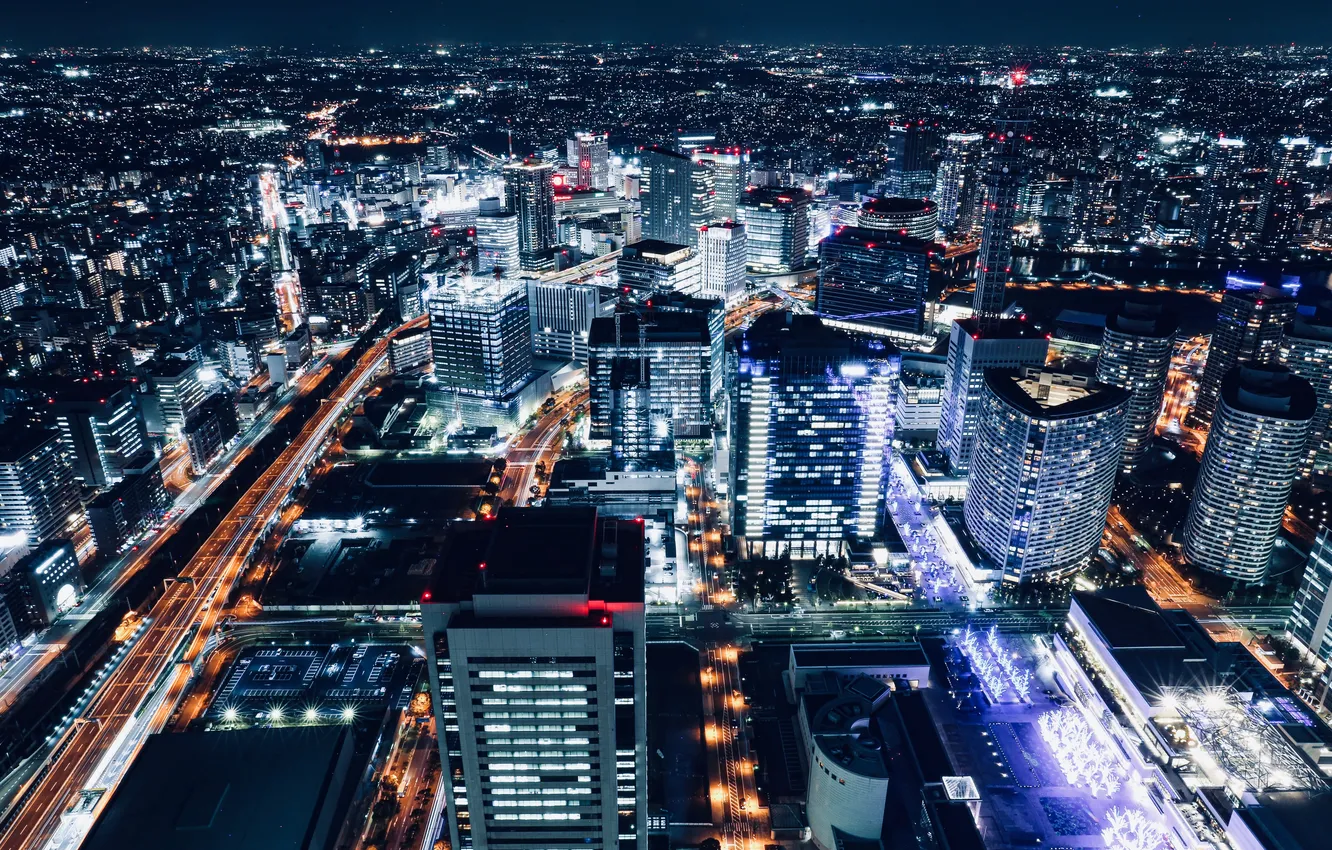 Photo wallpaper city, the city, building, road, horizon, architecture, megapolis, the view from the top