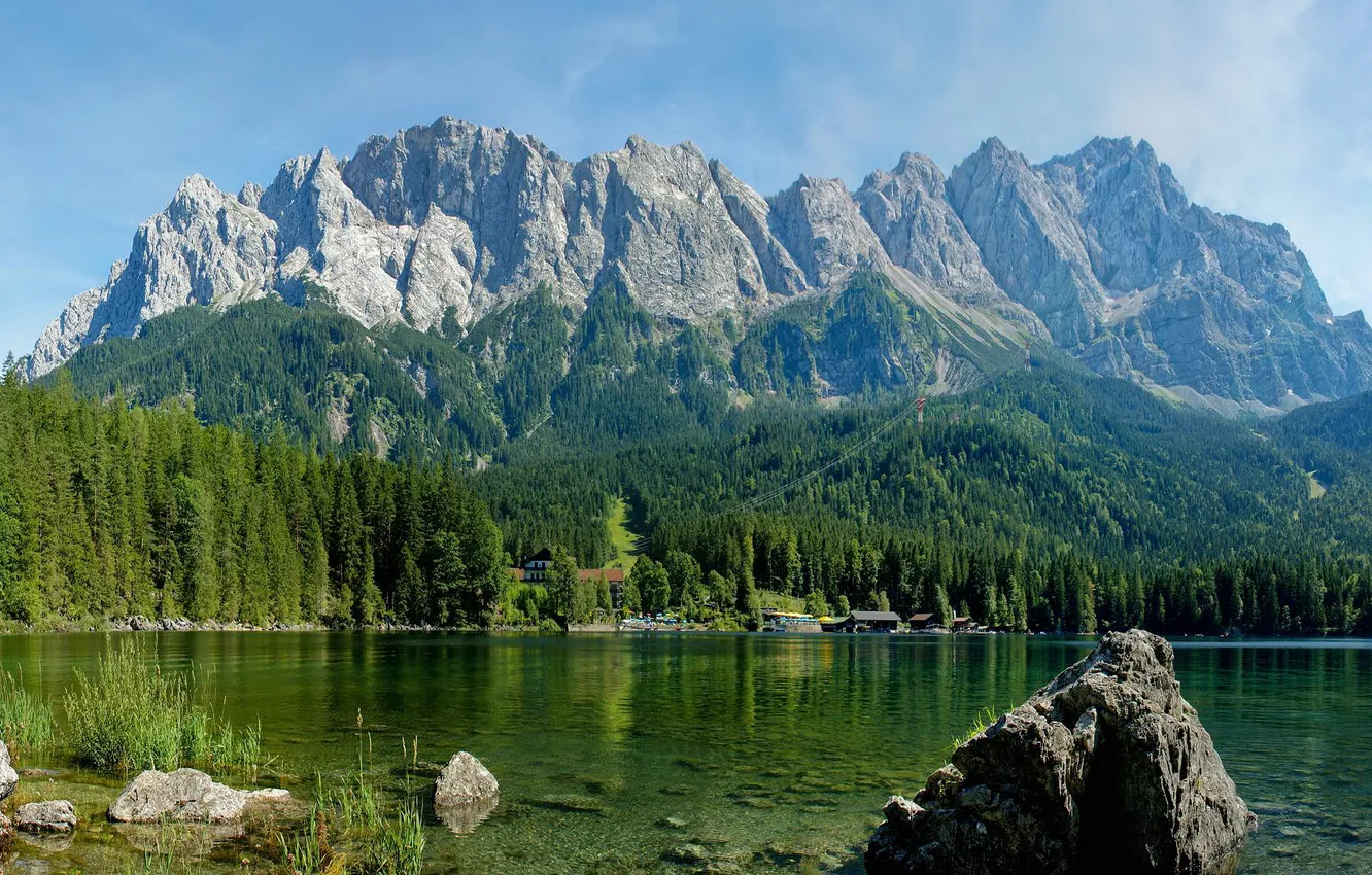 Photo wallpaper mountains, clear skies, lake, nature, stones