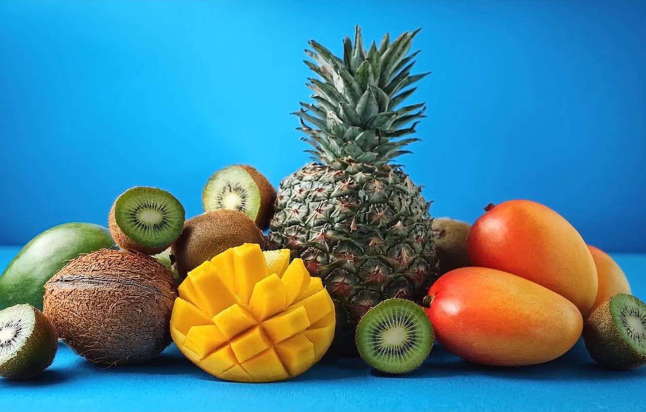 Photo wallpaper coconut, kiwi, fruit, mango, pineapple, tropical, blue background, cuts