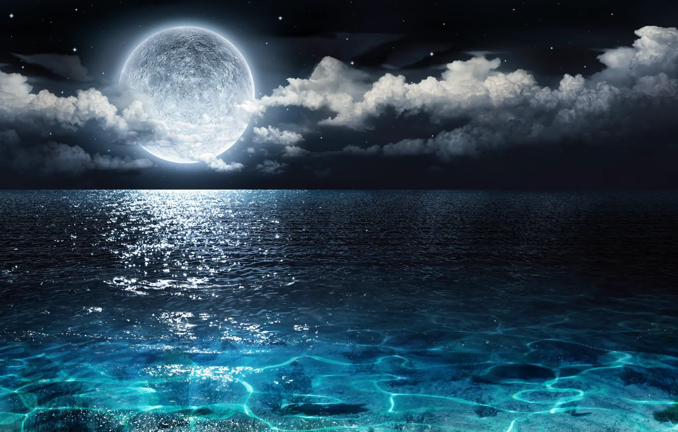 Photo wallpaper sea, night, the moon