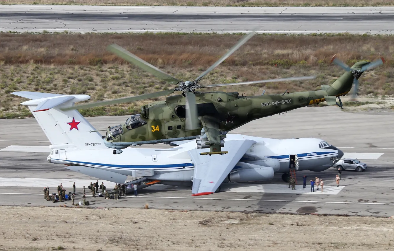 Photo wallpaper runway, Syria, Mi-24P, Il-76MD
