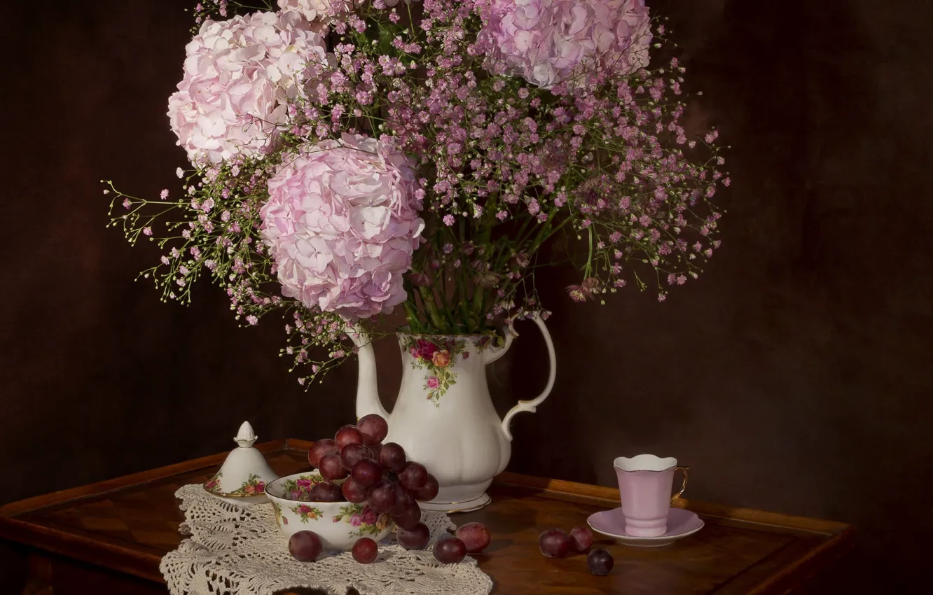 Photo wallpaper flowers, table, tea, bouquet, grapes, Cup, pink, bowl