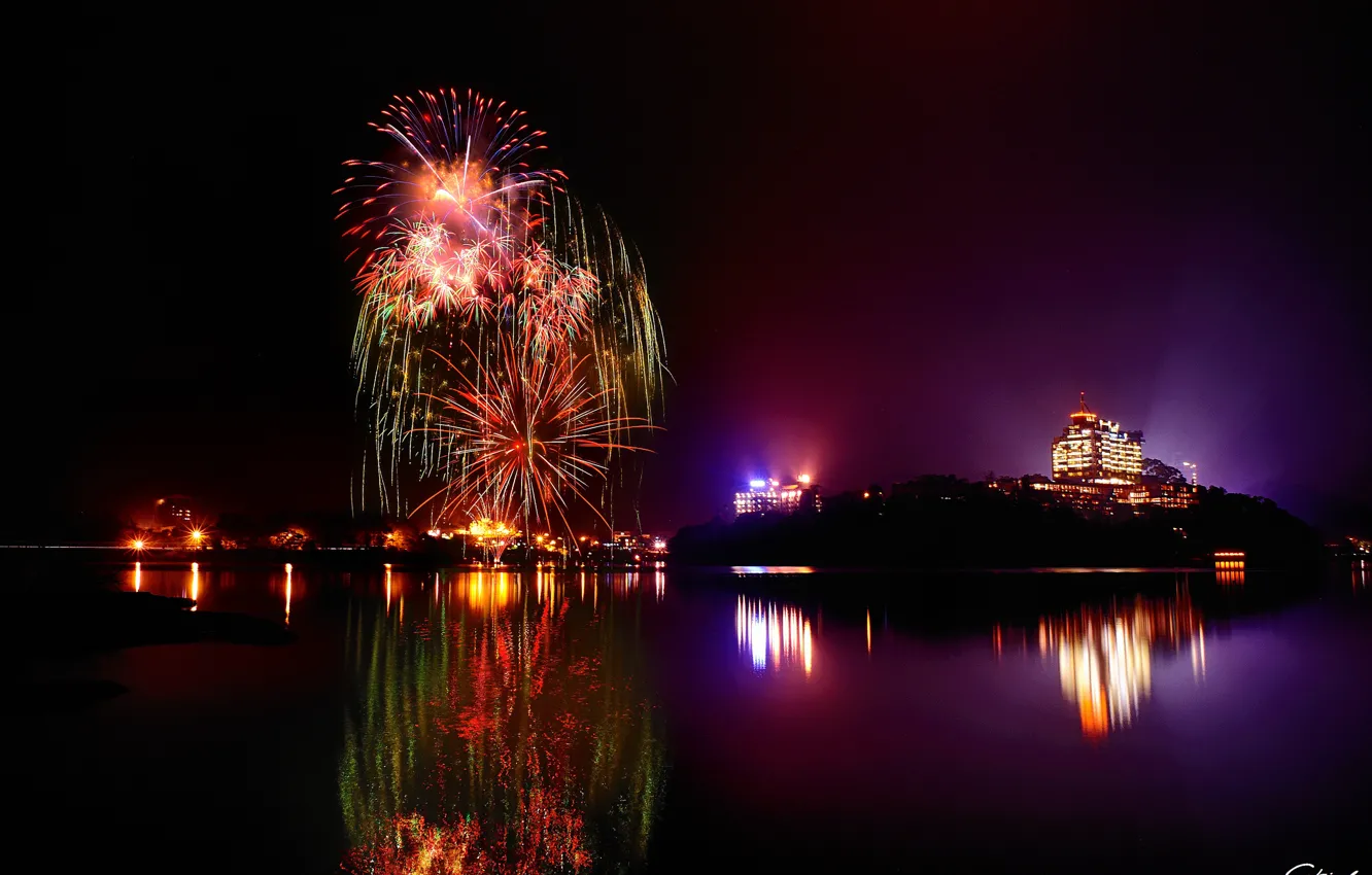 Photo wallpaper night, the city, lights, lake, reflection, fireworks, GLD