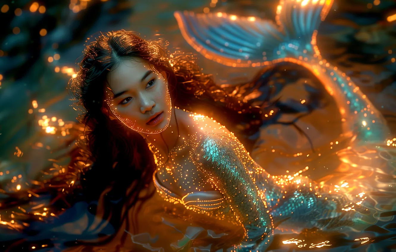 Photo wallpaper water, girl, hair, mermaid, tail, digital art, AI art, The Art of Artificial Intelligence