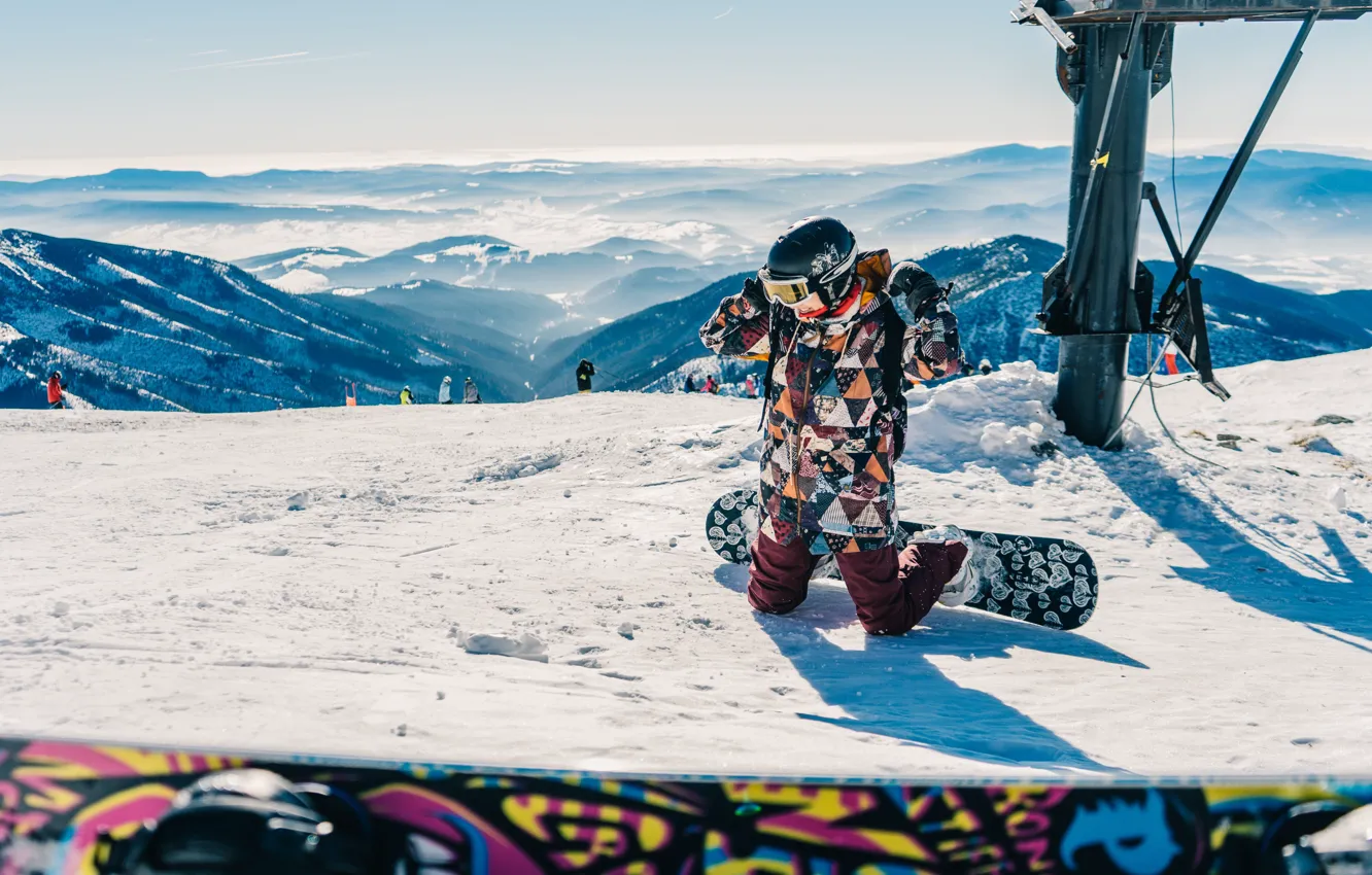 Photo wallpaper winter, girl, snow, landscape, mountains, snowboard, snowboarding, tops