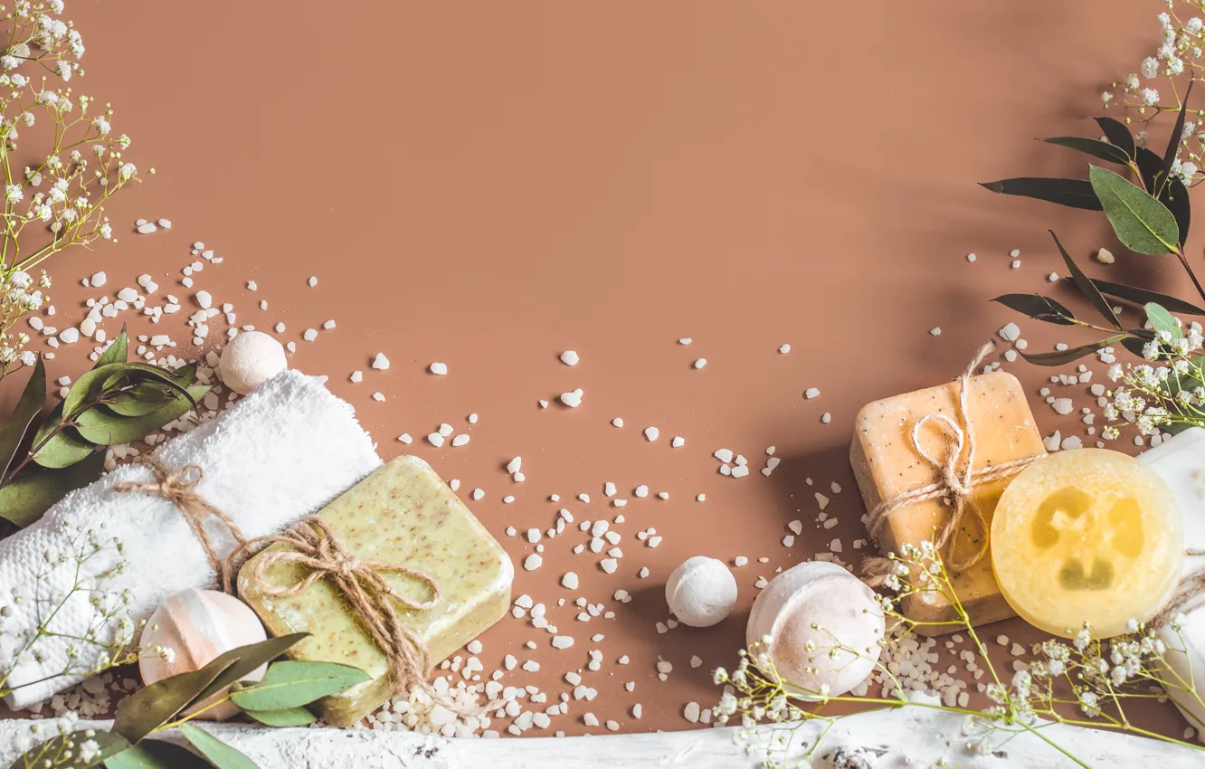 Photo wallpaper leaves, branches, background, towel, rope, soap, placer, flowers