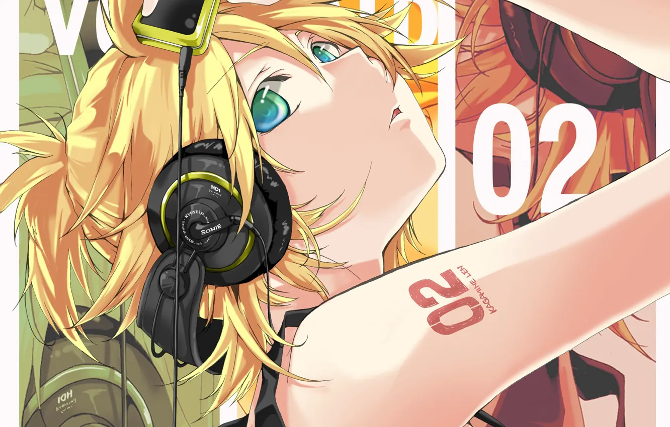 Photo wallpaper look, anime, headphones, art, len, guy, vocaloid, Vocaloid