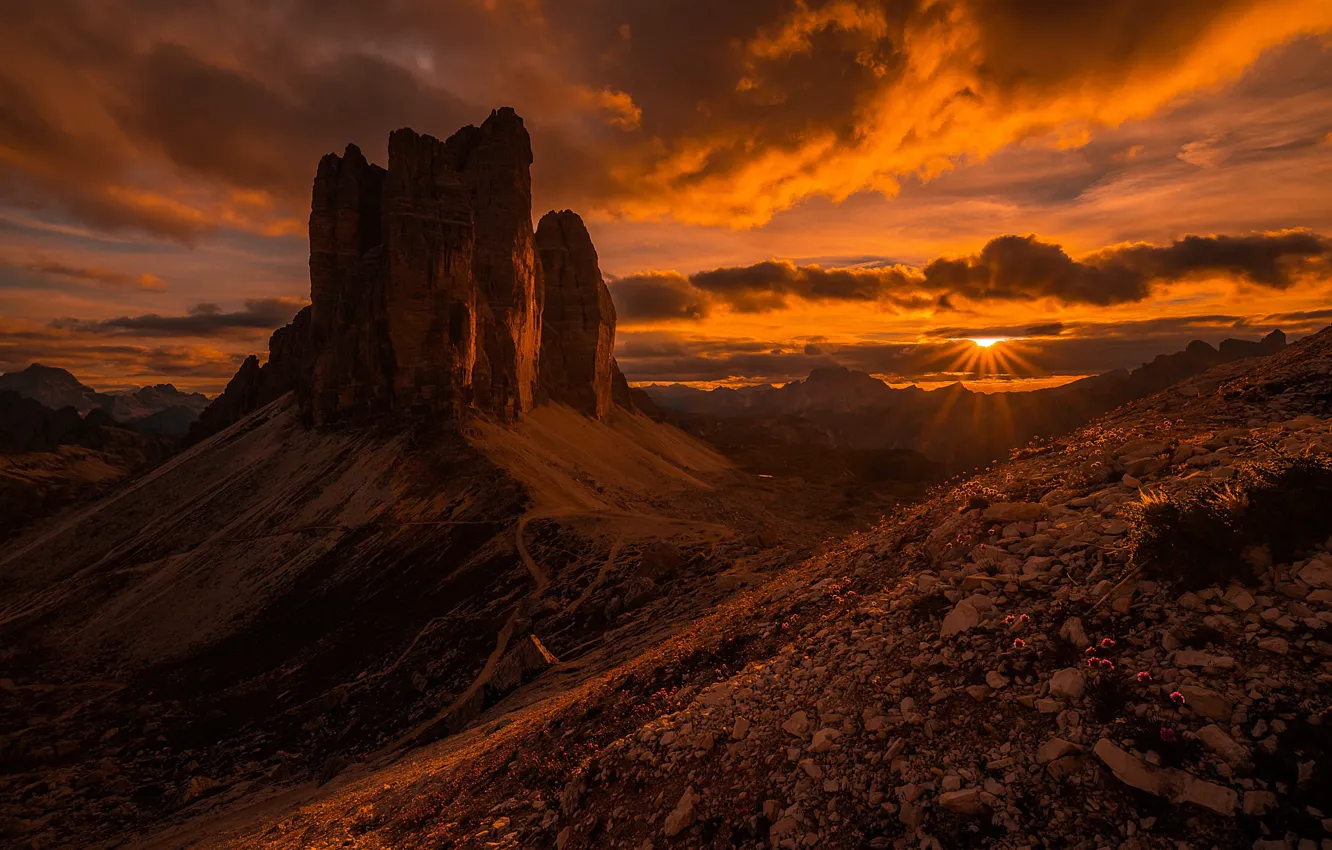 Photo wallpaper the sun, clouds, rays, sunset, mountains, the evening