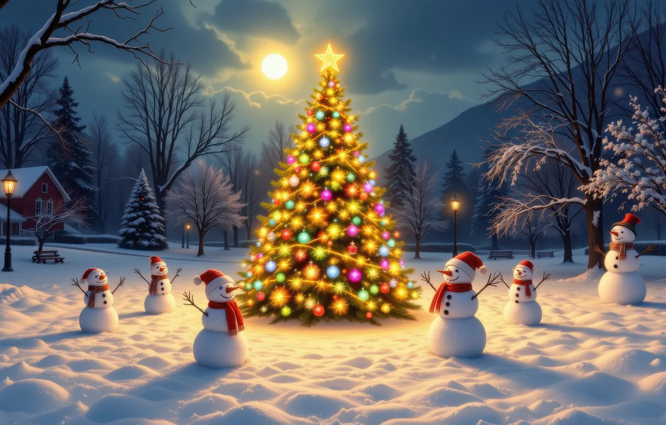 Photo wallpaper winter, field, forest, clouds, balls, snow, mountains, lights