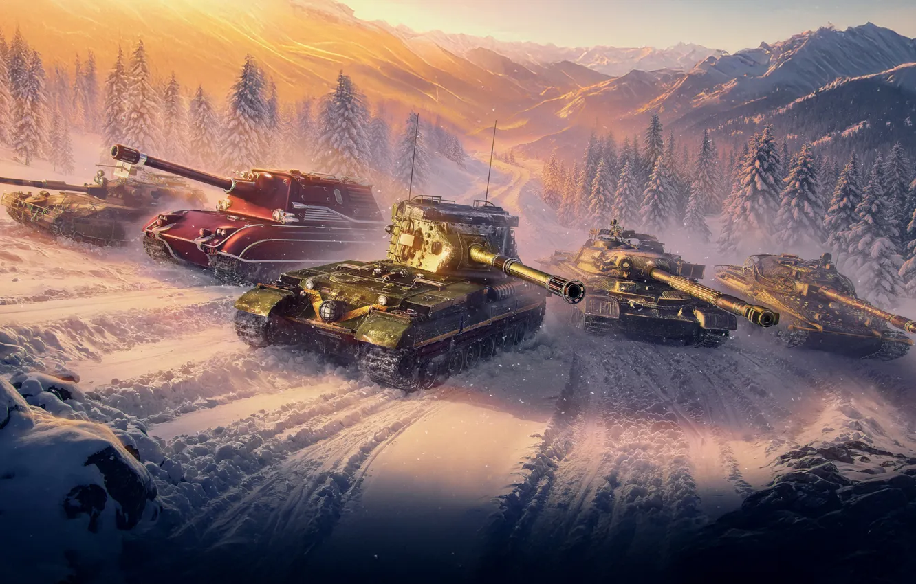 Photo wallpaper Winter, Mountains, Snow, Tanks, Game, WoT, World of Tanks, World Of Tanks