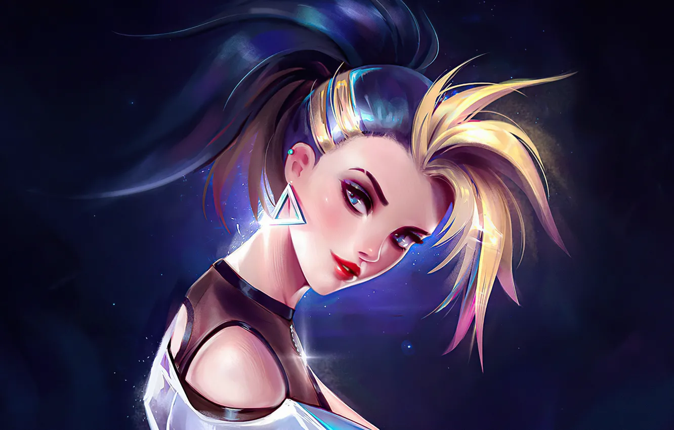 Photo wallpaper look, the dark background, earrings, beautiful girl, characters, Akali, League of Legends, look