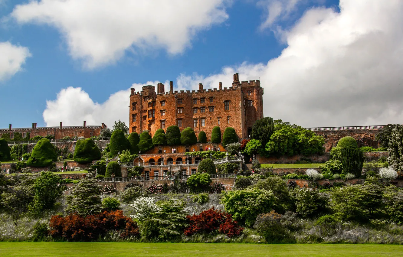 Photo wallpaper the sky, clouds, trees, flowers, design, castle, lawn, England