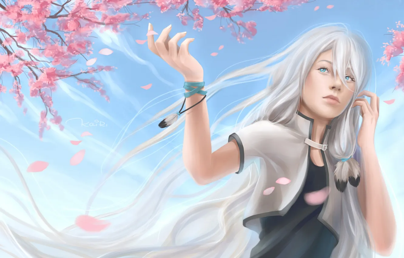 Photo wallpaper the sky, girl, trees, flowers, feathers, Sakura, art