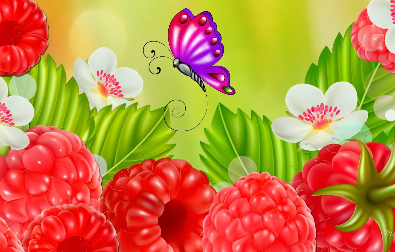 Photo wallpaper flowers, nature, berries, raspberry, collage, butterfly, postcard