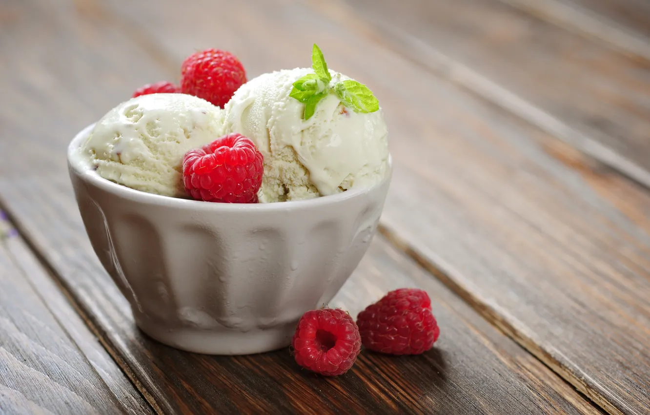 Photo wallpaper raspberry, ice cream, bowl, mint, dessert