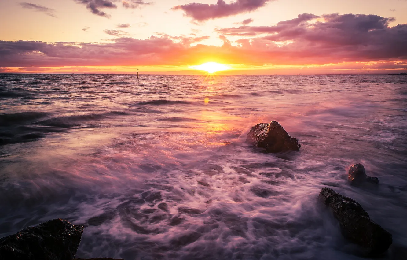 Photo wallpaper sand, beach, the sun, the ocean, dawn, horizon