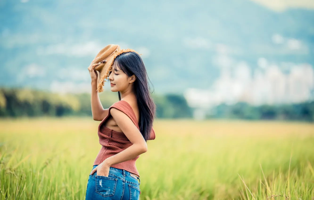 Photo wallpaper field, jeans, hat, Mike, Asian, bokeh