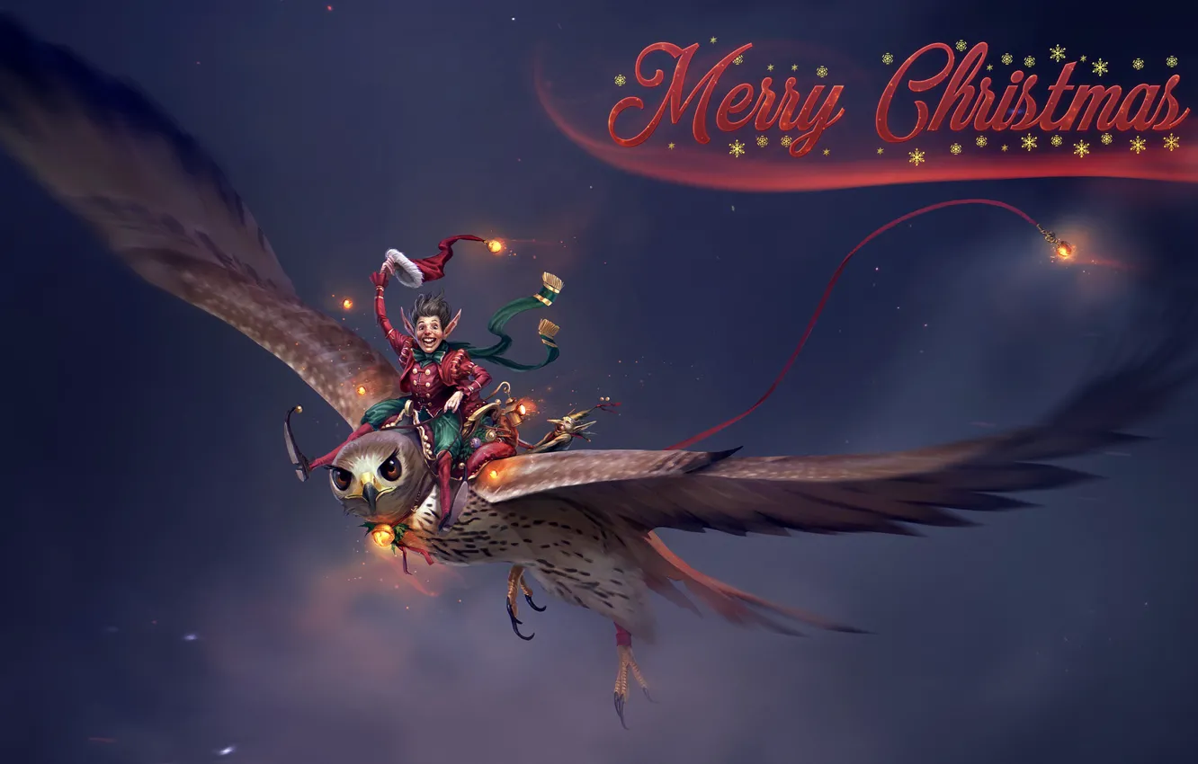 Photo wallpaper Bird, Christmas, New year, Holiday, Elf, Art, Happy New Year, Christmas