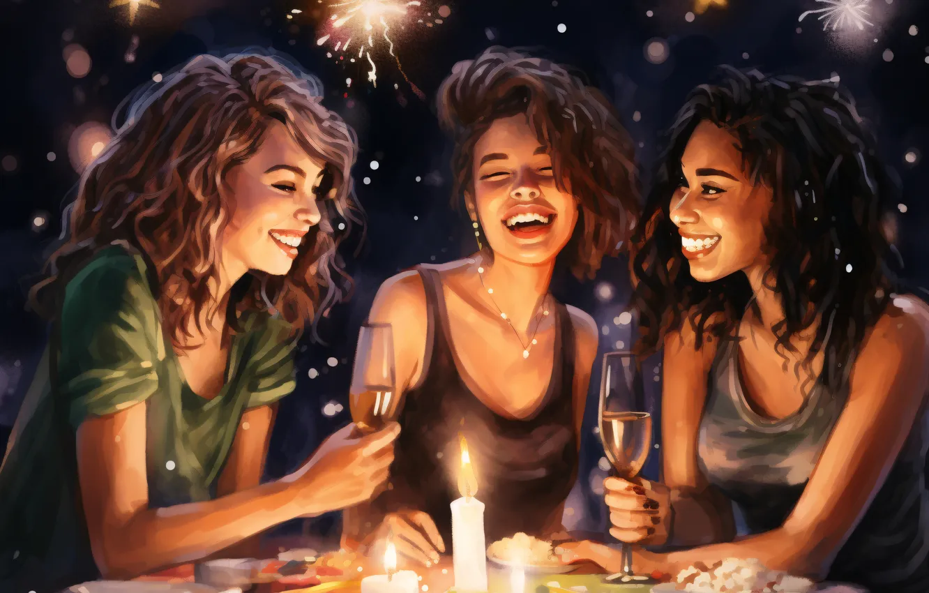 Photo wallpaper girl, joy, smile, table, glass, new year, candles, Christmas
